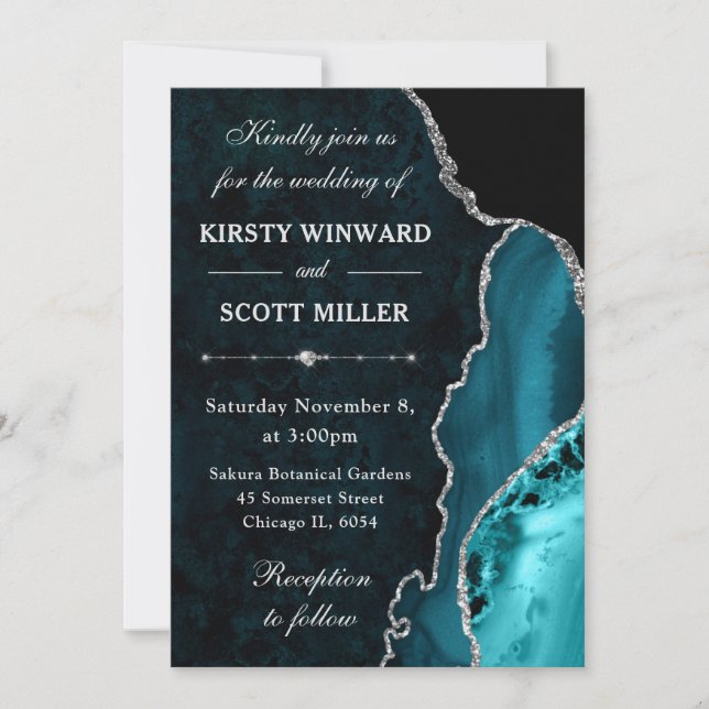 Teal & Silver Glitter Agate and marble Wedding Invitation (Front)
