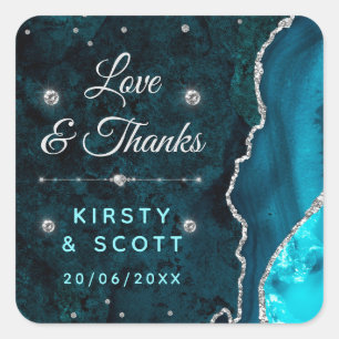 Teal & Silver Glitter Agate and marble Wedding Square Sticker