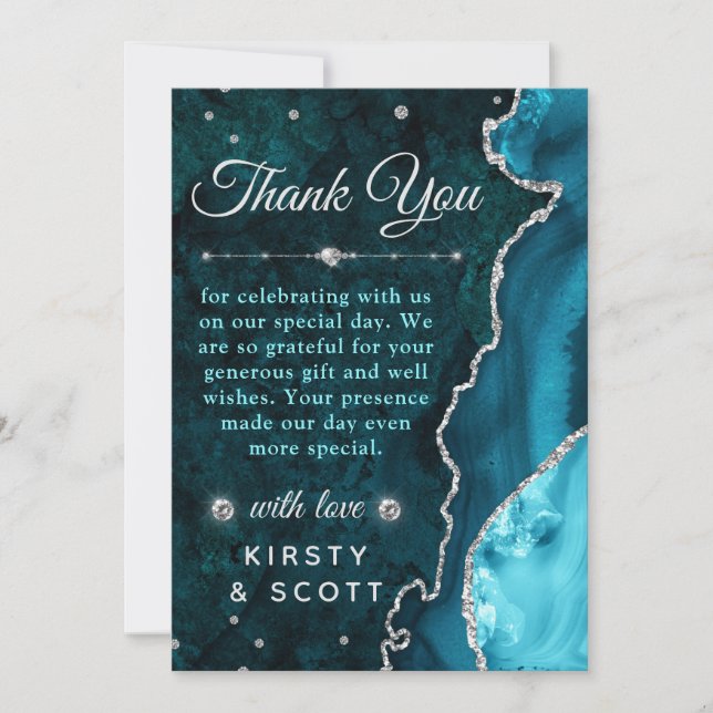 Teal & Silver Glitter Agate and marble Wedding Thank You Card (Front)