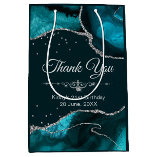 Teal & Silver Glitter Agate Birthday Thank You Medium Gift Bag