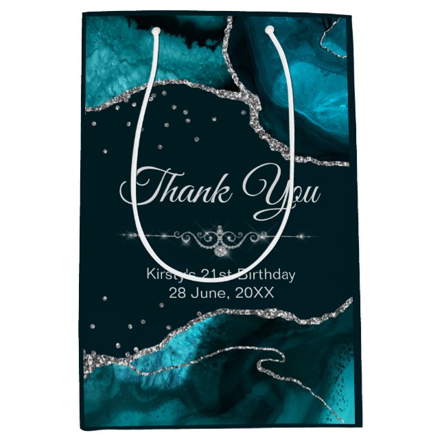 Teal & Silver Glitter Agate Birthday Thank You Medium Gift Bag (Front)