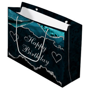 Teal & Silver Glitter Agate Happy Birthday Large Gift Bag