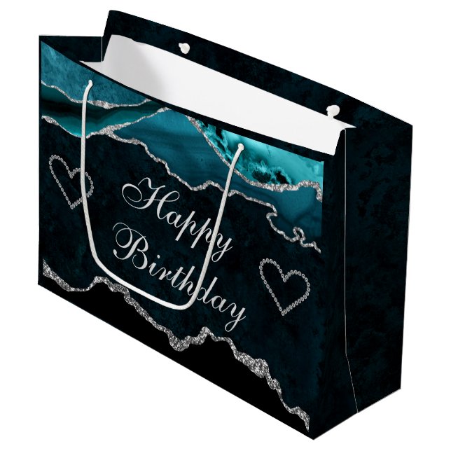 Teal & Silver Glitter Agate Happy Birthday Large Gift Bag (Front Angled)