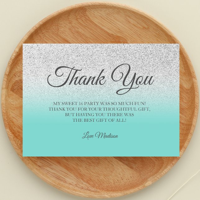 Teal Silver glitter blue green thank you Sweet 16 Card (Teal Blue Thank You Card)