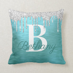 Teal Silver Glitter Brushed Metal Monogram Name Th Cushion