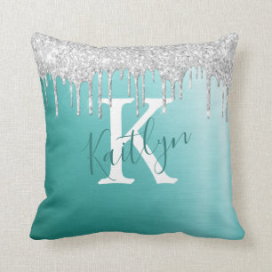 Teal Silver  Glitter Brushed Metal Monogram Script Cushion