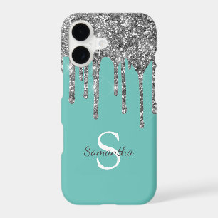 Teal Silver Glitter Drips Sparkle Monogram Name