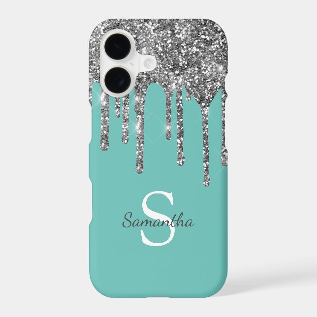 Teal Silver Glitter Drips Sparkle Monogram Name (Back)