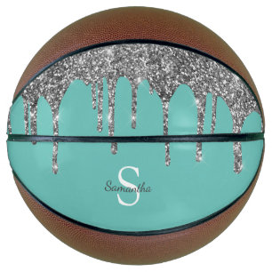 Teal Silver Glitter Drips Sparkle Monogram Name Basketball