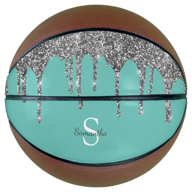 Teal Silver Glitter Drips Sparkle Monogram Name Basketball (Front)