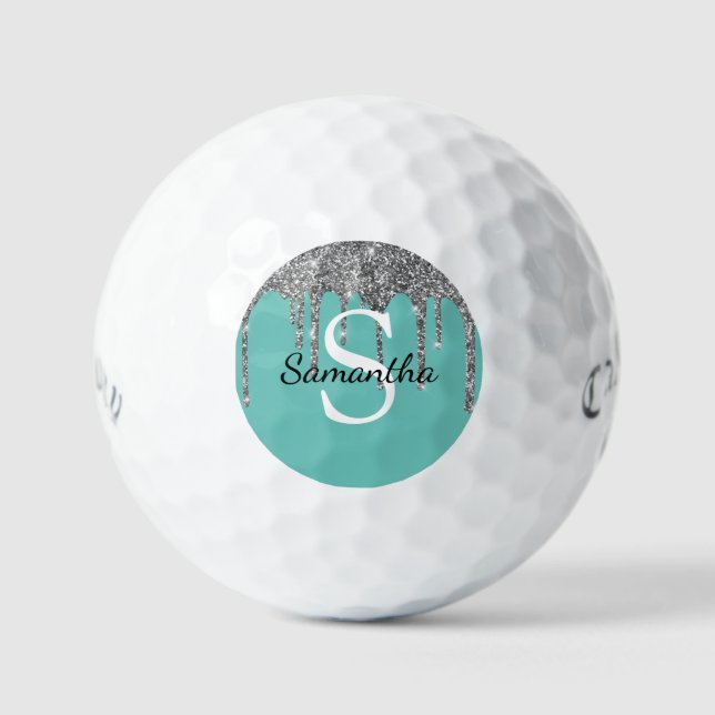 Teal Silver Glitter Drips Sparkle Monogram Name Golf Balls (Front)