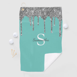 Teal Silver Glitter Drips Sparkle Monogram Name Golf Towel