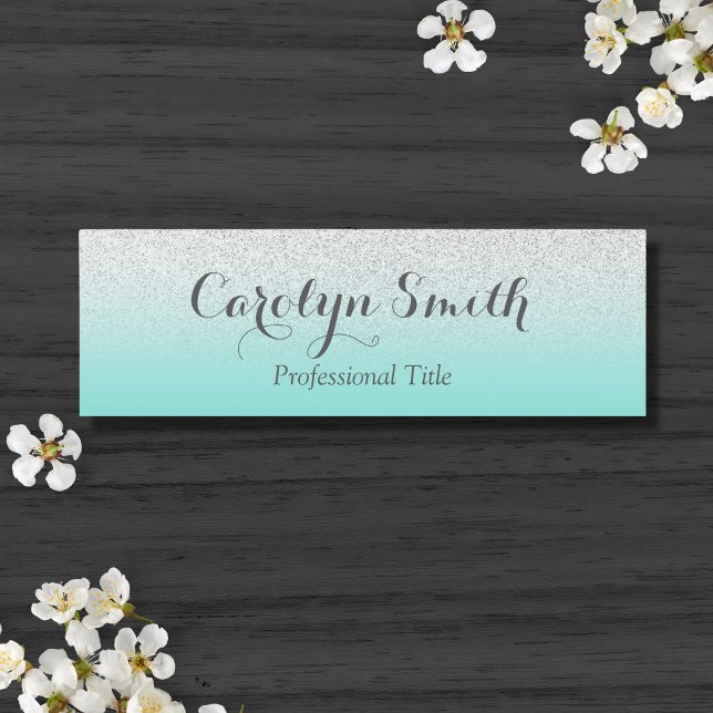 Teal Silver Glitter employee Name Tag Badge (Creator Uploaded)