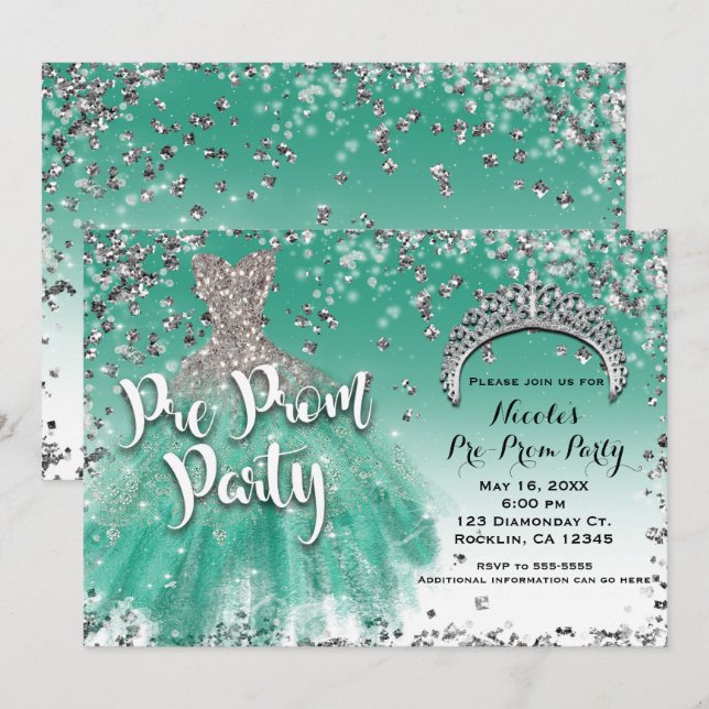 Teal & Silver Glitter Glam Dress Pre Prom Party Invitation (Front/Back)