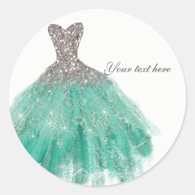 Teal & Silver Glitter Glamour Dress Birthday Party Classic Round Sticker (Front)