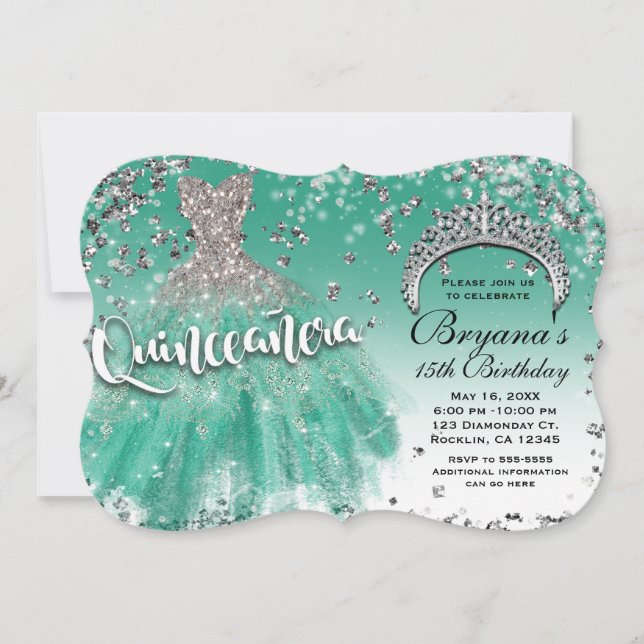 Teal Silver Glitter Glamour Dress Quinceañera 15 Invitation (Front)