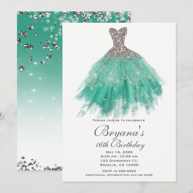 Teal & Silver Glitter Glamour Dress Sweet 16 Party Invitation (Front/Back)
