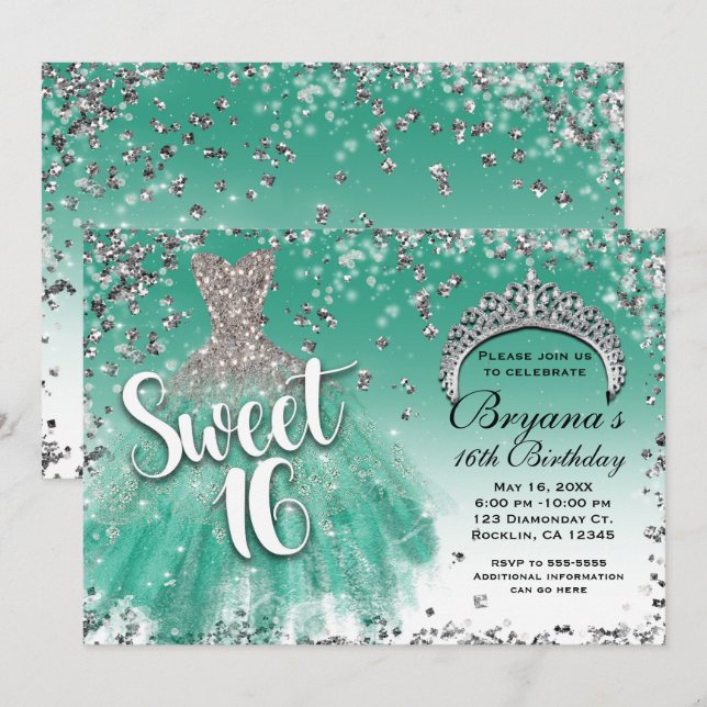 Teal & Silver Glitter Glamour Dress Sweet 16 Party Invitation (Front/Back)