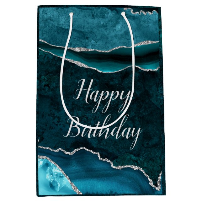 Teal & Silver Glitter Marble Agate Happy Birthday Medium Gift Bag (Front)
