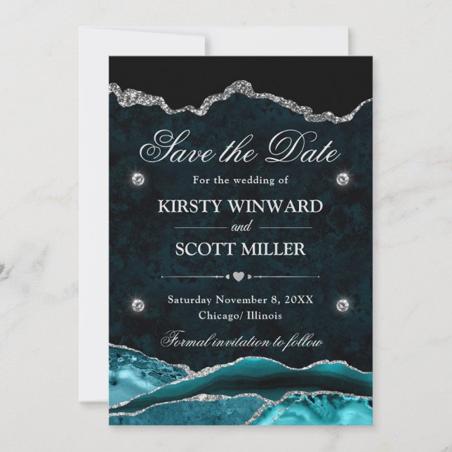 Teal  Silver Glitter Marble Agate Save the Date (Front)