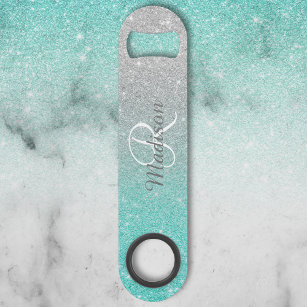 Teal Silver Glitter Ombre Monogram Stylish