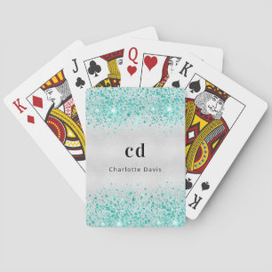 Teal silver glitter sea green monogram name playing cards