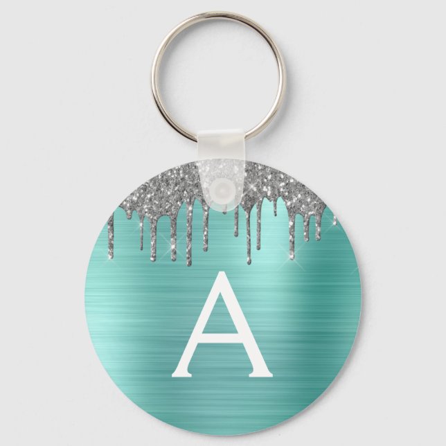 Teal Silver Glitter Stainless Steel Monogram Key Ring (Front)