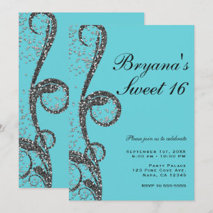 Teal Silver Glitter Swirl Sweet 16 Birthday Party Invitation