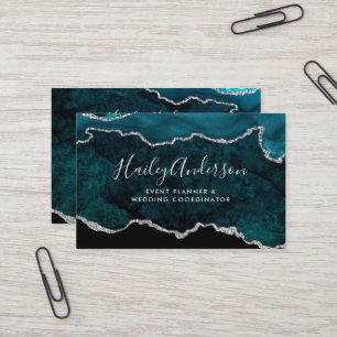 Teal & Silver Glitter Watercolor Gilded Agate Business Card