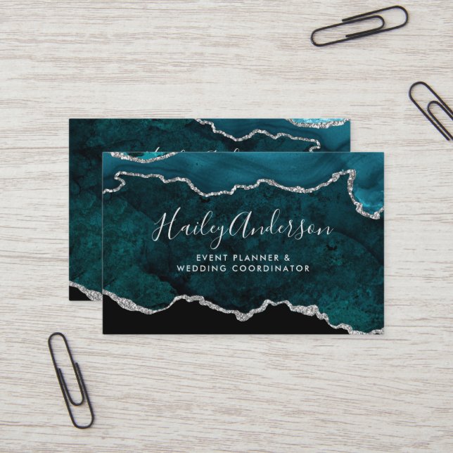 Teal & Silver Glitter Watercolor Gilded Agate Business Card (Front/Back In Situ)