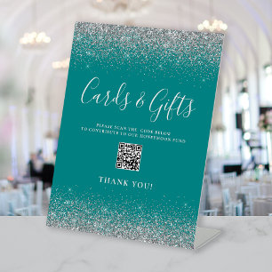 Teal Silver Glitter Wedding Cards Gifts QR Code Pedestal Sign