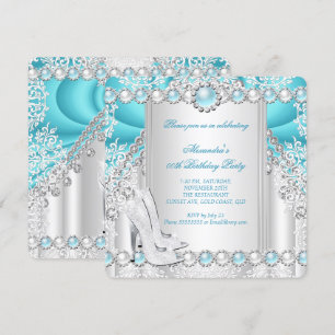 Teal Silver High Heels Pearl Birthday Party 2 Invitation