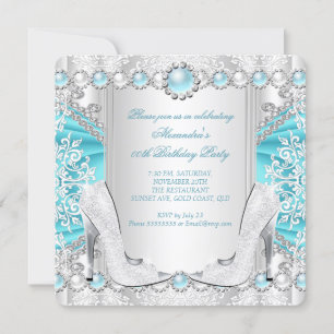 Teal Silver High Heels White Pearl Birthday 2 Invitation
