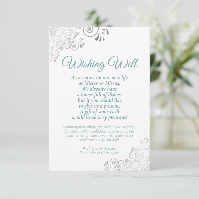 Teal & Silver Lace White Wedding Wishing Well Poem Enclosure Card (Standing Front)
