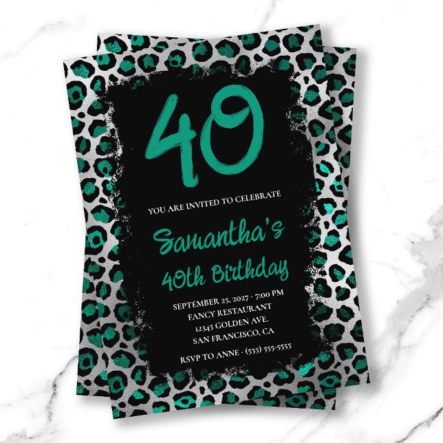 Teal Silver Leopard Painted Black 40th Birthday Invitation (Teal Silver Leopard Painted Black 40th Birthday Invitation)