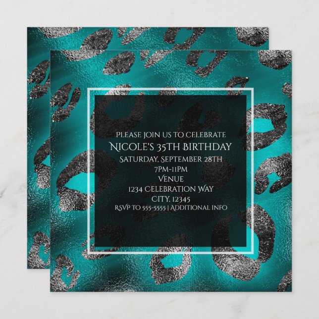 Teal & Silver Leopard Print Party Invitations (Front/Back)