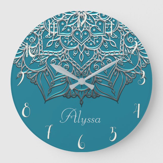 Teal & Silver Mandala Elegant Minimal Moroccan Large Clock (Front)
