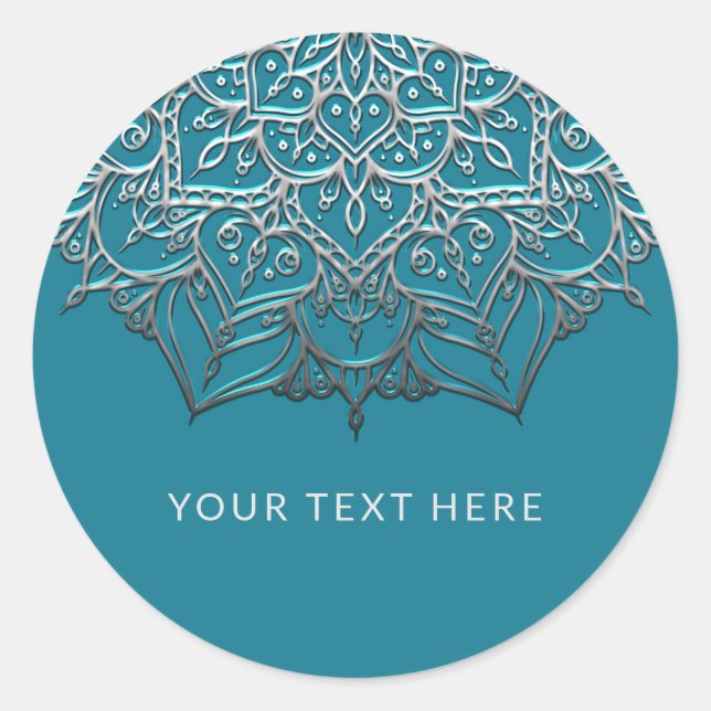 Teal & Silver Mandala Elegant Minimal Wedding Classic Round Sticker (Front)