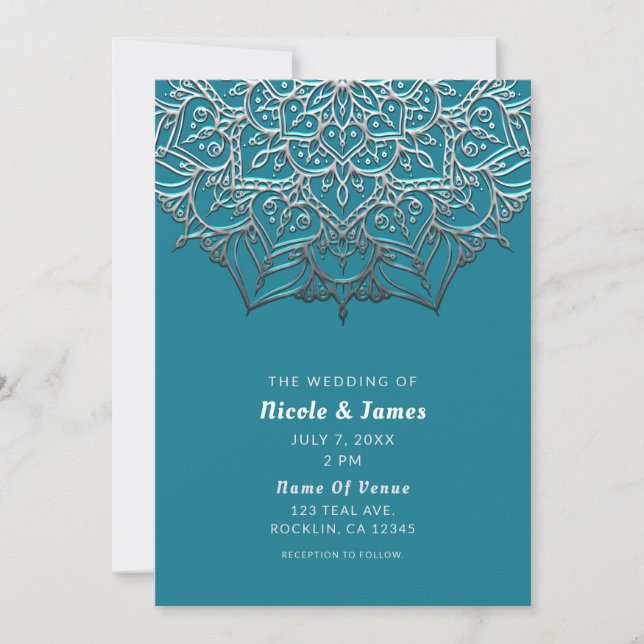 Teal & Silver Mandala Elegant Minimal Wedding Invitation (Front)