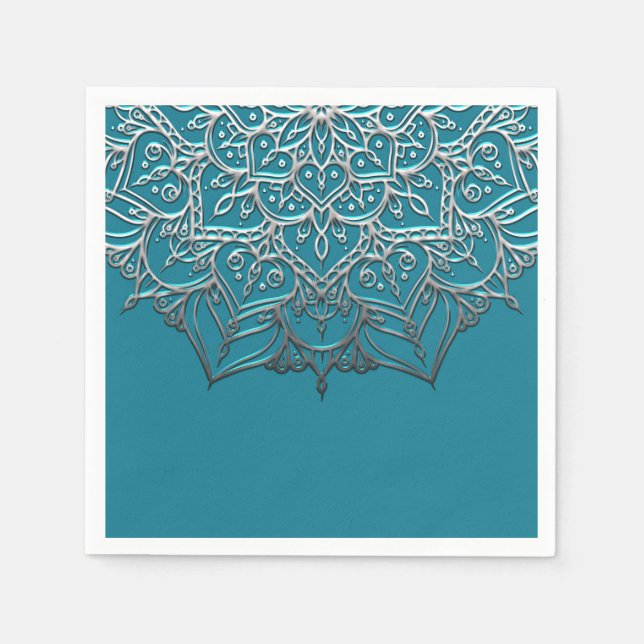 Teal & Silver Mandala Elegant Minimal Wedding Napkin (Front)