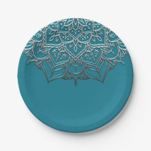 Teal & Silver Mandala Elegant Minimal Wedding Paper Plate