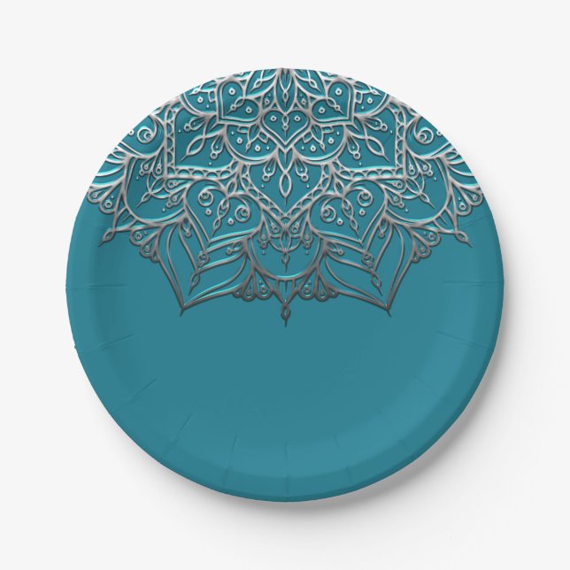 Teal & Silver Mandala Elegant Minimal Wedding Paper Plate (Front)