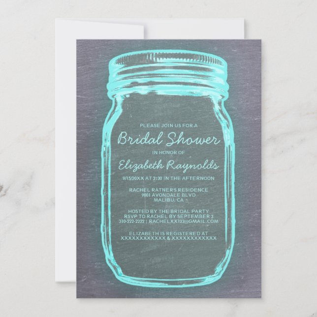 Teal & Silver Mason Jar Bridal Shower Invitations (Front)