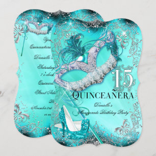 Teal Silver Masquerade Quinceanera Birthday Invite