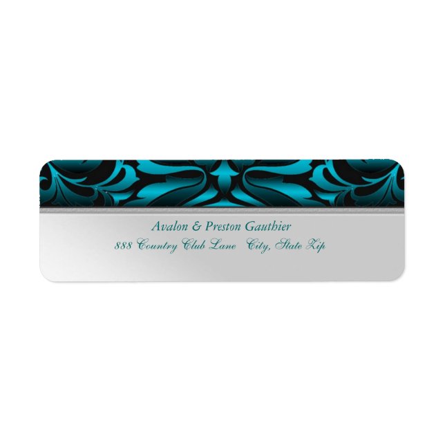 Teal Silver Metal Damask Wedding Address Label (Front)