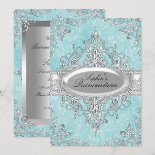 Teal & Silver Pearl Vintage Glamour Quinceanera Invitation