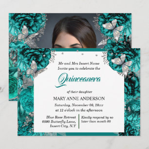 Teal silver PHOTO glitter butterfly elegant Invitation