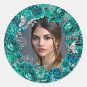 Teal silver photo glitter butterfly girls party classic round sticker