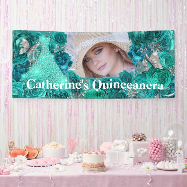 Teal silver photo glitter butterfly quinceanera banner (Party)