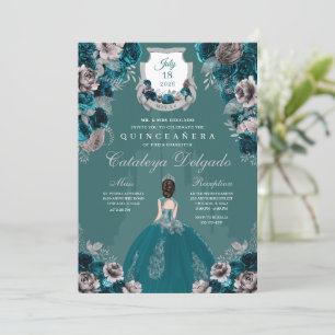 Teal & Silver Princess Castle Quinceañera Invitation